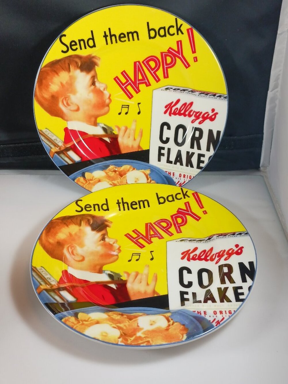 2 Collectible Kellogg's Corn Flakes 2005 Plate Send Them Back Happy Boy unique